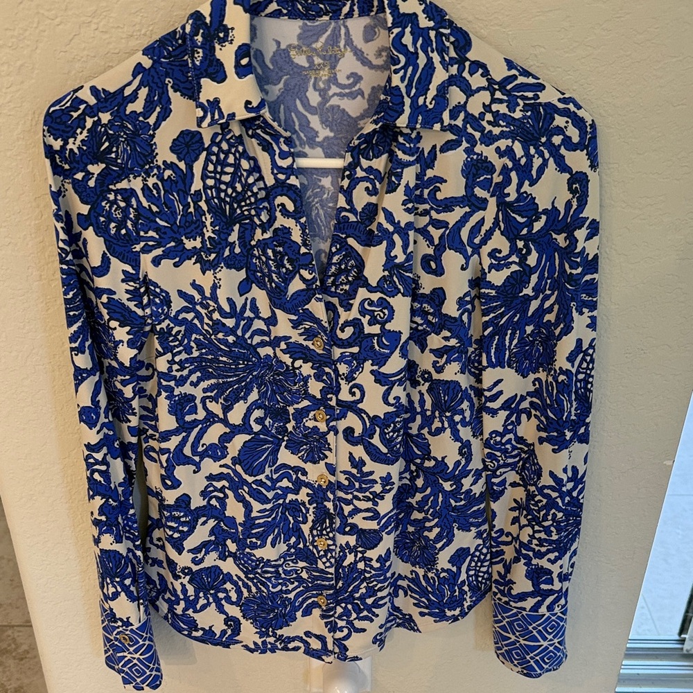 Blue and Off-White Women's Button Down Top